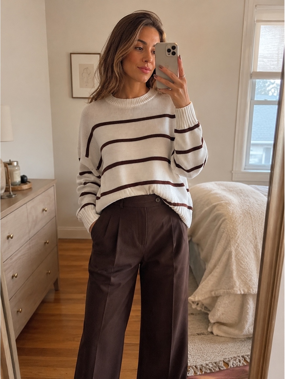 LILLUSORY Striped Cotton Knit Sweater White Brown Size M